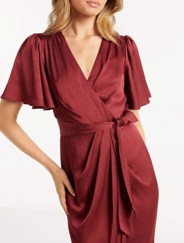 forever new  CAROLINA Satin Midi Wrap Dress for Women | Best Price UAE
